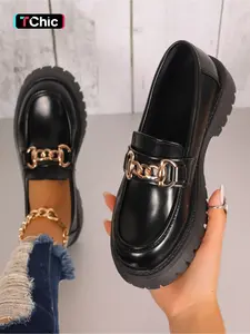 Women's new plus-size round-toe, thick-soled, chunky-heeled loafers with metal buckle decoration, stylish, simple, comfortable, and versatile for everyday wear and commuting