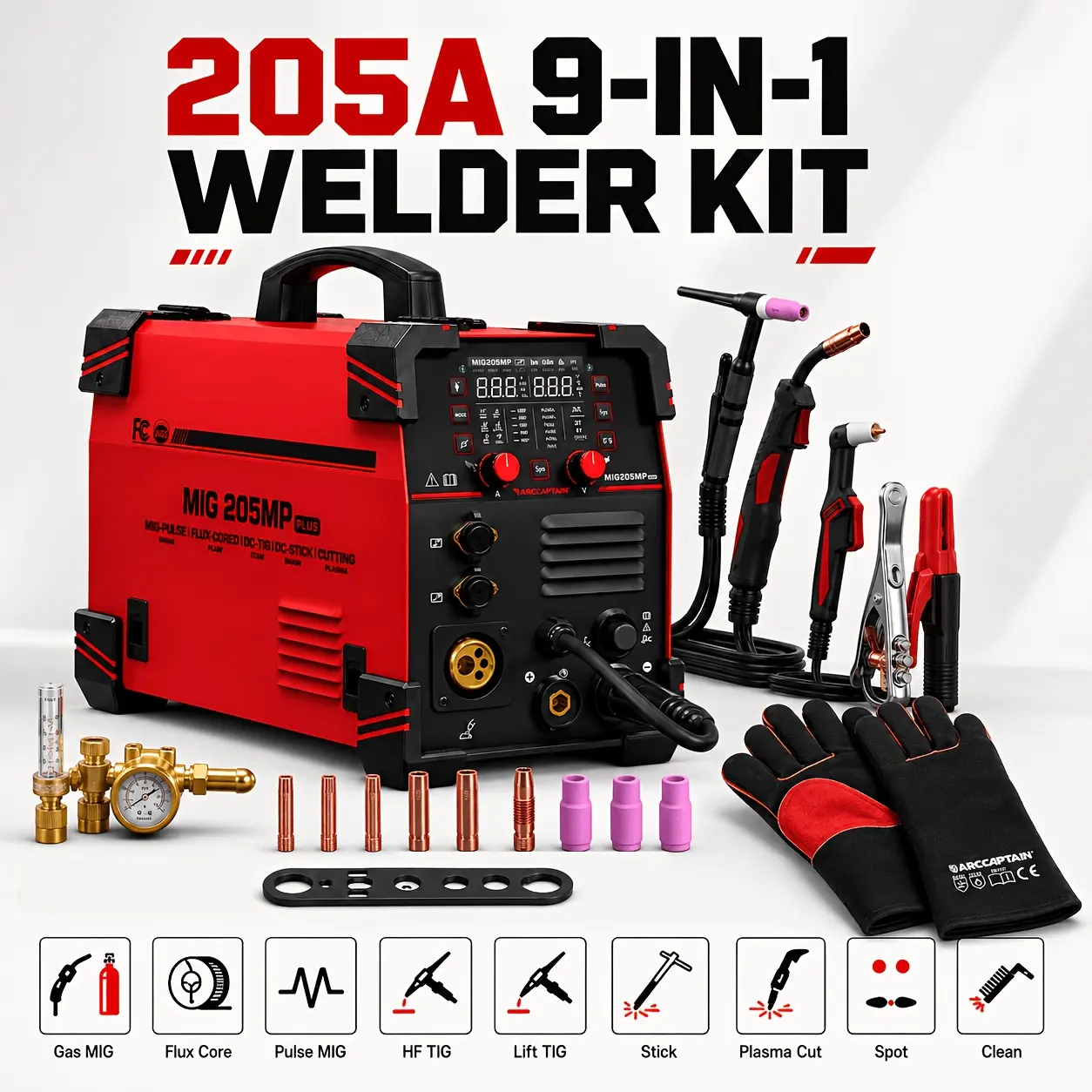 9-In-1 Multi Process MIG Welder 205A, 120V/240V Dual Voltage Welding Machine Flux Core MIG Stick Lift TIG HF TIG Plasma Cutter, Synergy Control LED Display Portable Inverter Welder for Auto Repair Metal Fabrication Heavy Duty Use