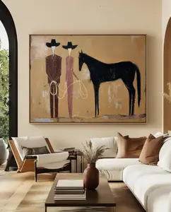 Original Cowboy Abstract Figurative Horse Oil Painting Large Oversized, Contemporary Japandi Western Wall Art Neutral Canvas 1228