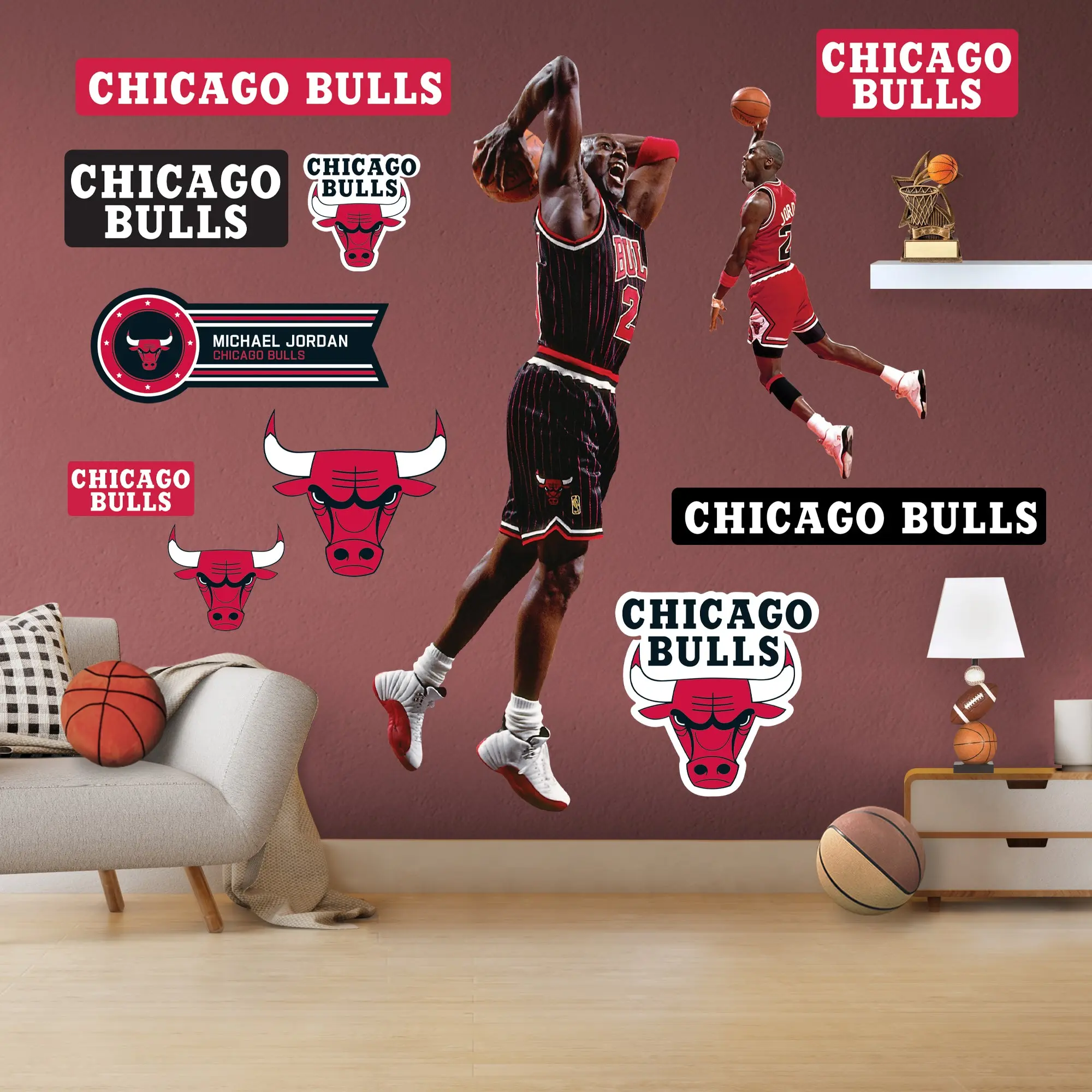 Michael Jordan RealBig Dunk Collection Official NBA Chicago Bulls Reusable Vinyl Decorative Wall Decals - Mascot Graphic, Die-Cut Edges Decals Wall Stickers & Murals for Home Decor