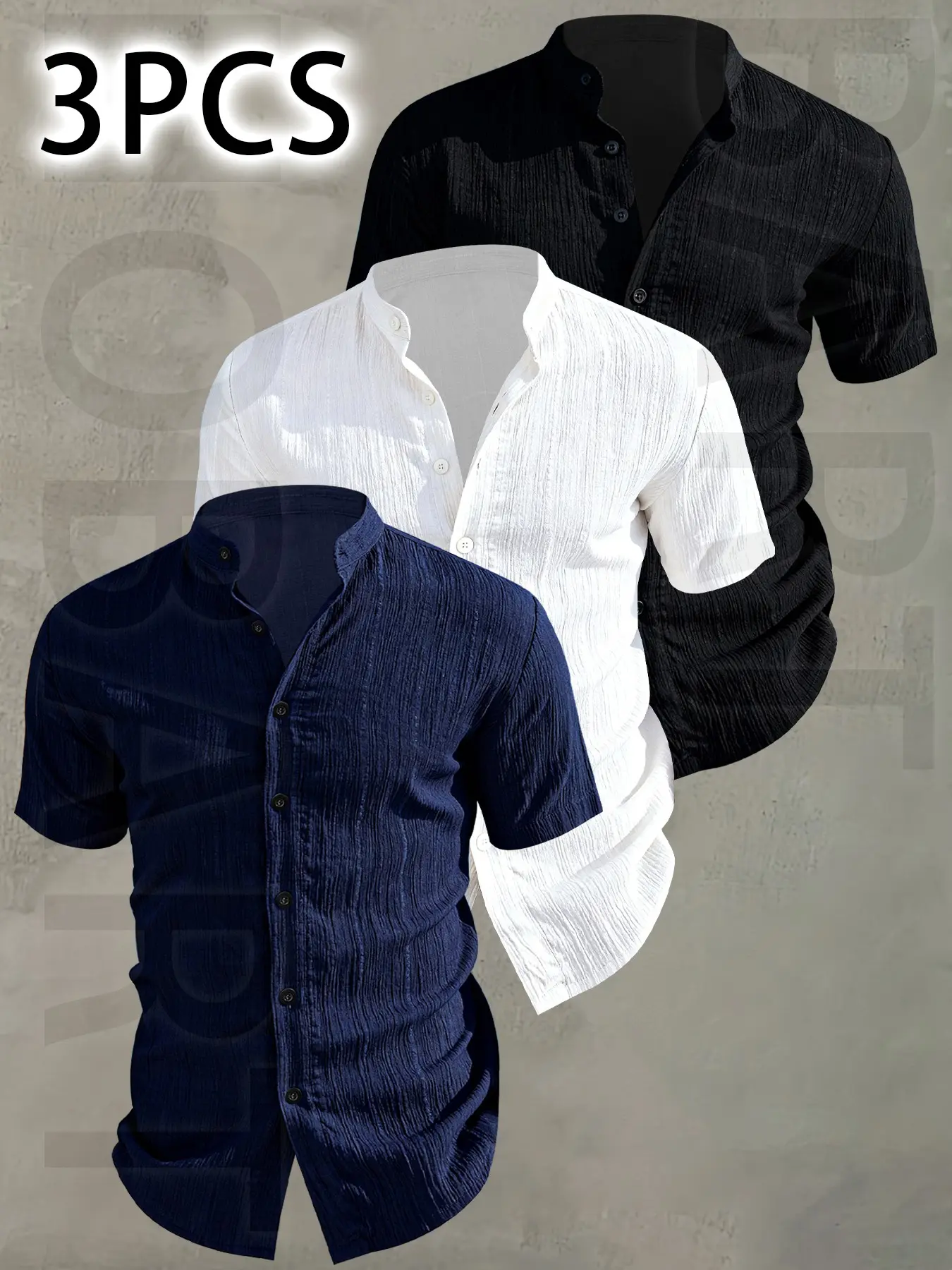 3pcs Set Men's Summer Short Sleeve Collared Shirts - Lightweight Breathable Plain Color Button-Up Casual Shirt with Stand Collar, Low-cut collar designr Beach Vacation, Pool Party & Casual Attire, Beach Shirt, gift for husband