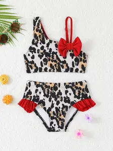 Strawberry Print Bow Bikini Set for Little Girls, Perfect for Beach Vacations and Summer Wear, Cute Ruffle Trim Swimsuit