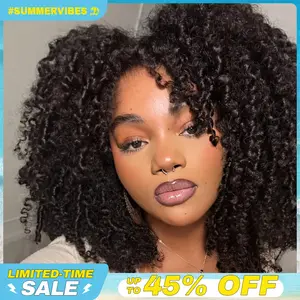 CurlyMe Wear Go Glueless Afro Kinky Curly Human Hair Wig Pre Bleached Tiny Knots Pre Cut 7X5 HD Lace Front Wig Pre Plucked Natural Hairline Beginner Friendly - Natural Black #Summervibes