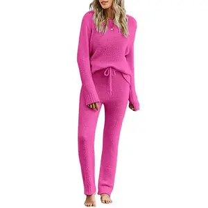 luvamia Pajama Set Fuzzy Fleece Knitted Long Sleeve Women's Casual Pj Loungewear Nightwear Homewear Comfort Pastel Cute Pajamas Softest Satin Pajamas valentine pajama set Magenta