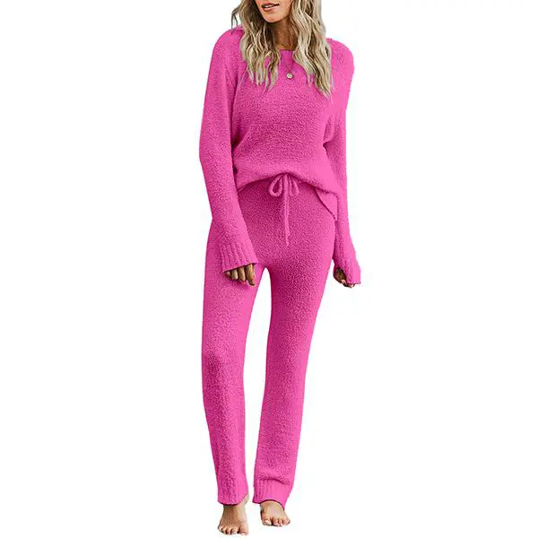luvamia Pajama Set Fuzzy Fleece Knitted Long Sleeve Women's Casual Pj Loungewear Nightwear Homewear Comfort Pastel Cute Pajamas Softest Satin Pajamas valentine pajama set Magenta