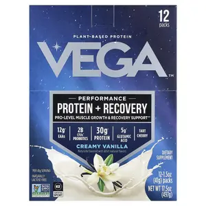 Vega Plant-Based Protein, Performance Protein + Recovery, Creamy Vanilla, 12 Packs, 1.5 oz (41 g) Each