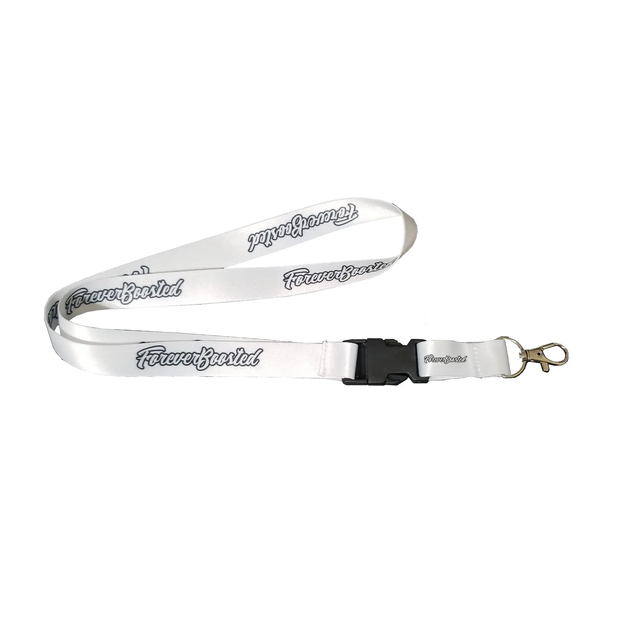 ForeverBoosted Lanyard - White with Black Buckle, Features "ForeverBoosted" Text, Ideal for holding keys, badges, and passes