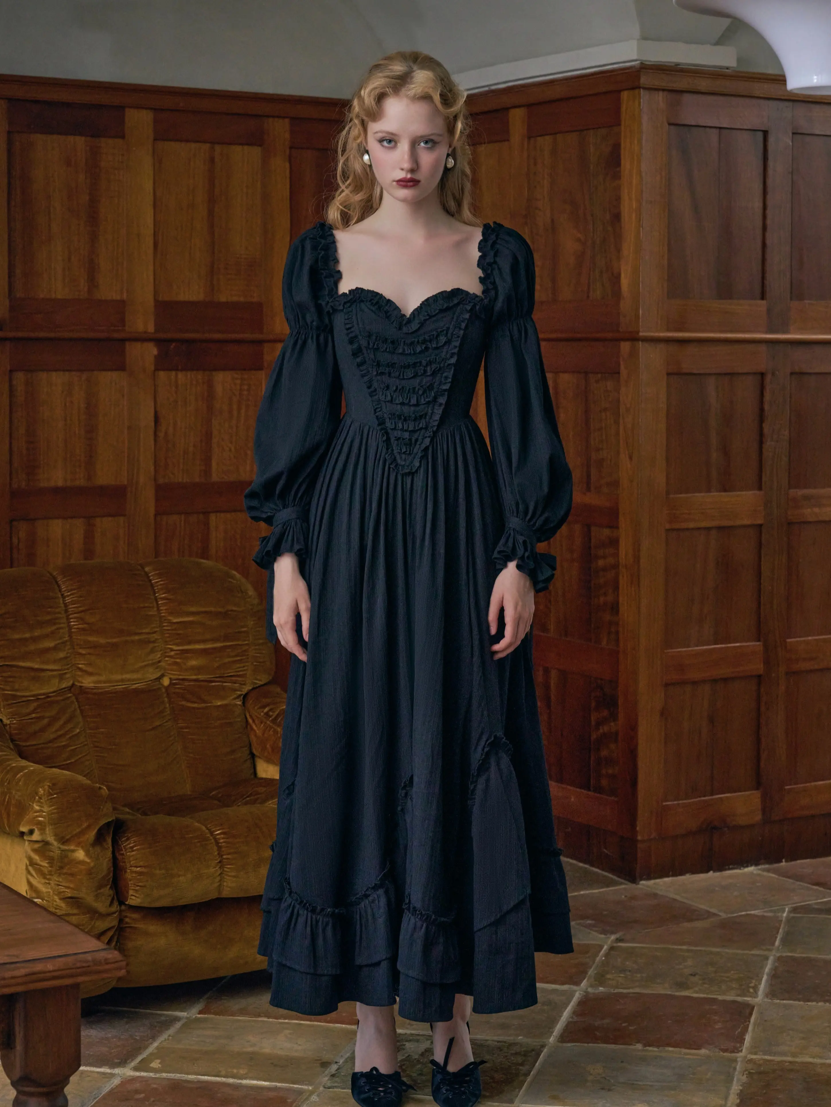 Fallen Angels Corset Dress - Classic Basque Design, 100% Cotton Shell, Wavy Flounces Hem, Soft Polyester Fabric, Long Sleeve Formal Lady's Autumn Prom Dress (Black) SwimWeek