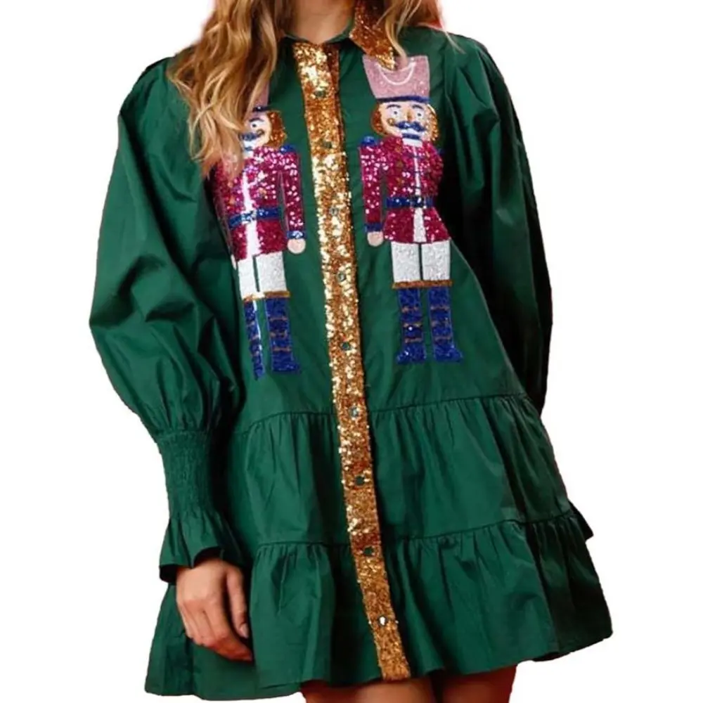 Womens Christmas Sequin Nutcracker Dress Long Sleeve Tiered Glitter Nutcracker Print Holiday Mini Shirt Dresses