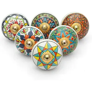 Cabinet Knobs - Pack of 6 - Indian Countryside Drawer Pull Handle for Cupboard Wardrobe Dresser Knob Boho Room Interior Decor - Multicolor