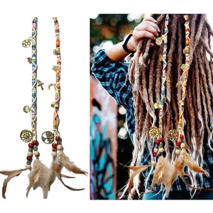 2 PCS Hippie Hair Extension Dreadlocks Hairclip Feather Beads Pendant Colorful Dread Accessory for Braids and Curls