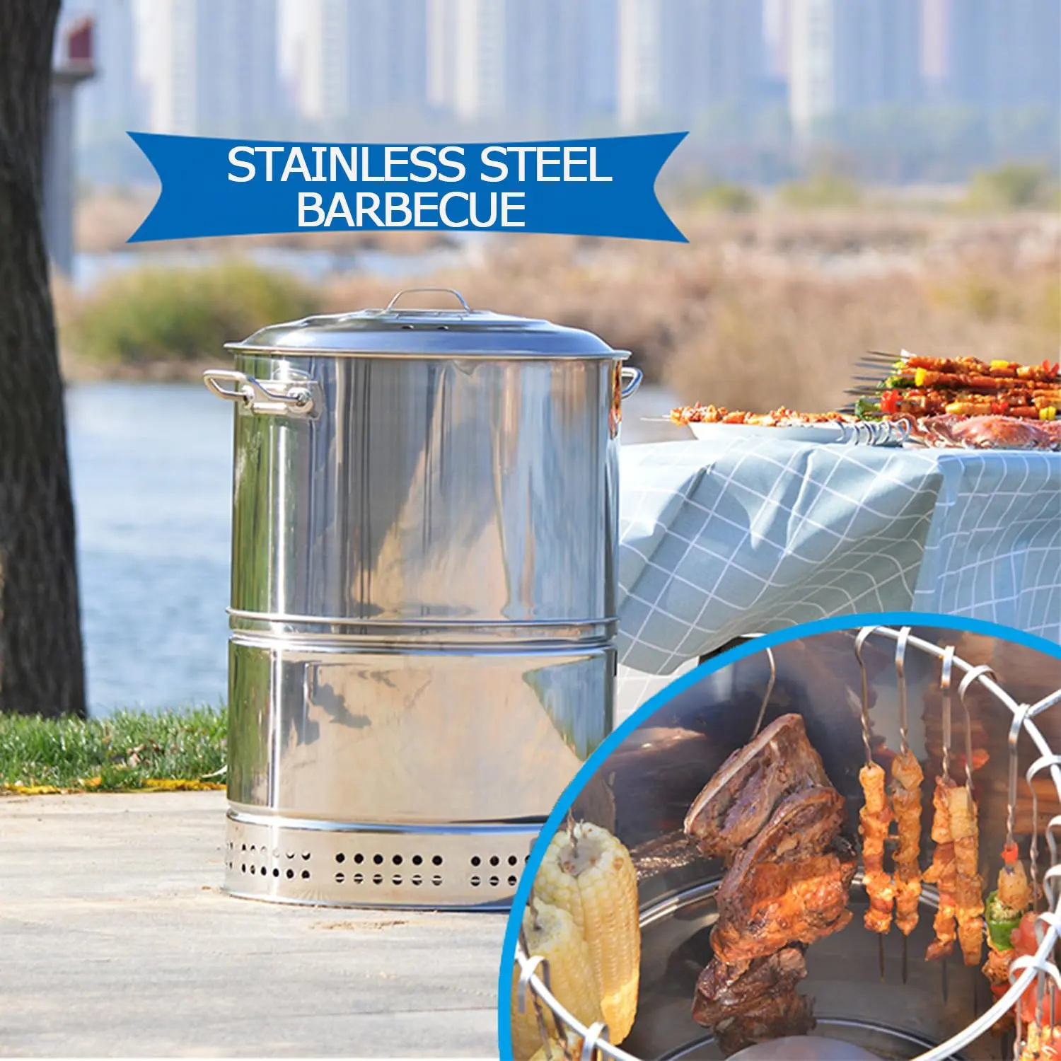 CNCEST Modern 201 Stainless Steel Portable Charcoal Grill - Large Durable 1-Piece Single Unit BBQ Barrel, Charcoal Burner Freestanding Barbecues for Portable Outdoor Use, Includes 50 Skewers