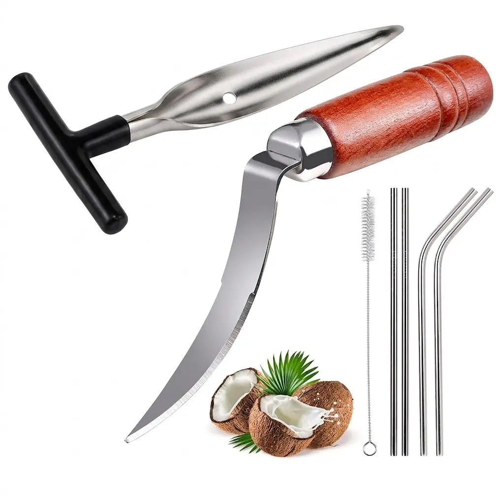 Coconut Opener Tools Set, Stainless Steel Coconut Puncher with Straws & Brush, Wooden Handle Coconut Meat Remover for Green Young Coconut