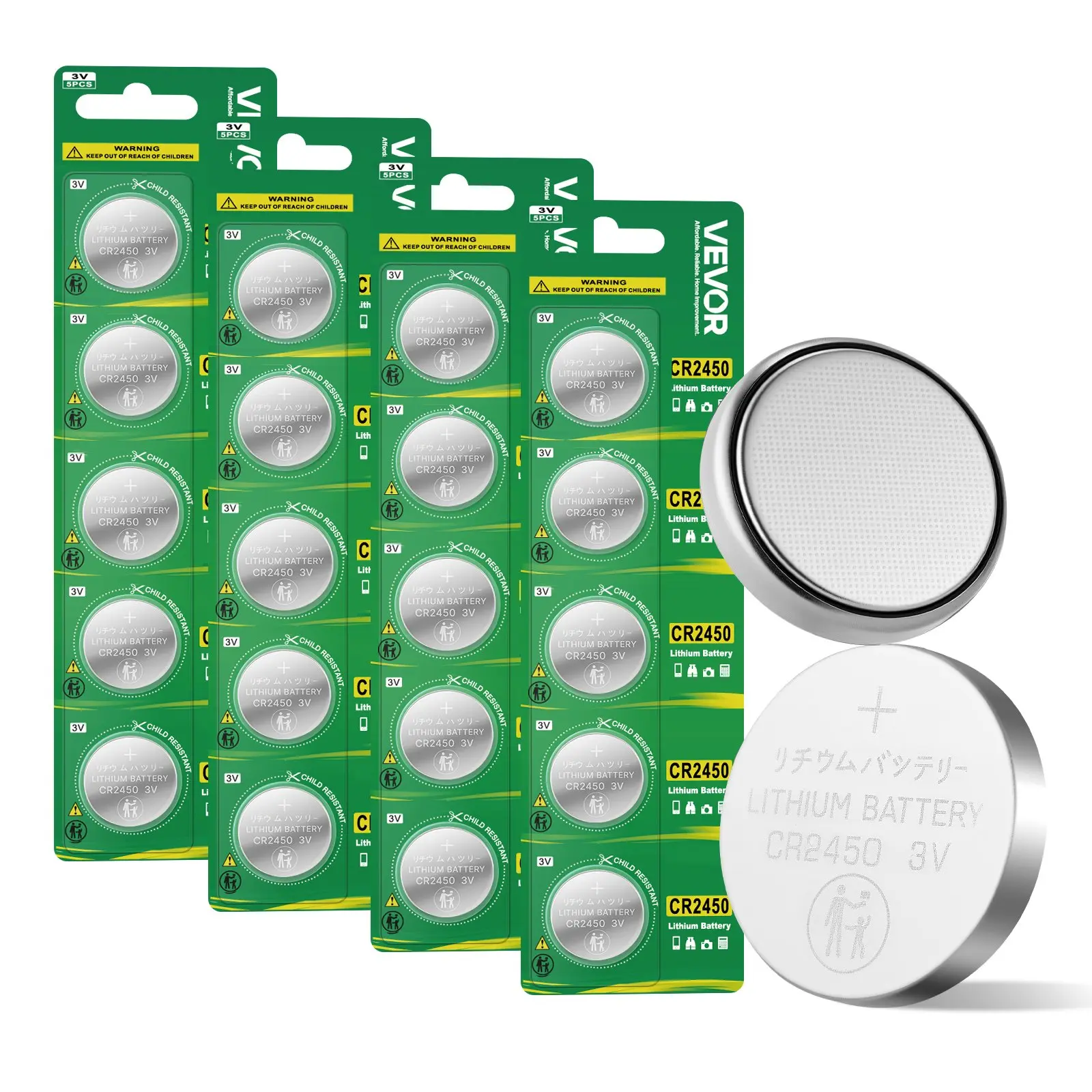 【Summerfinds】VEVOR 20-Pack CR2450 3V Lithium Coin Power Button Batteries, 4-Pack Configuration, Mercury-Free, Anti-Swallow Design, Long-Lasting Replacement Batteries for Watch, Key Fobs, Watch Battery