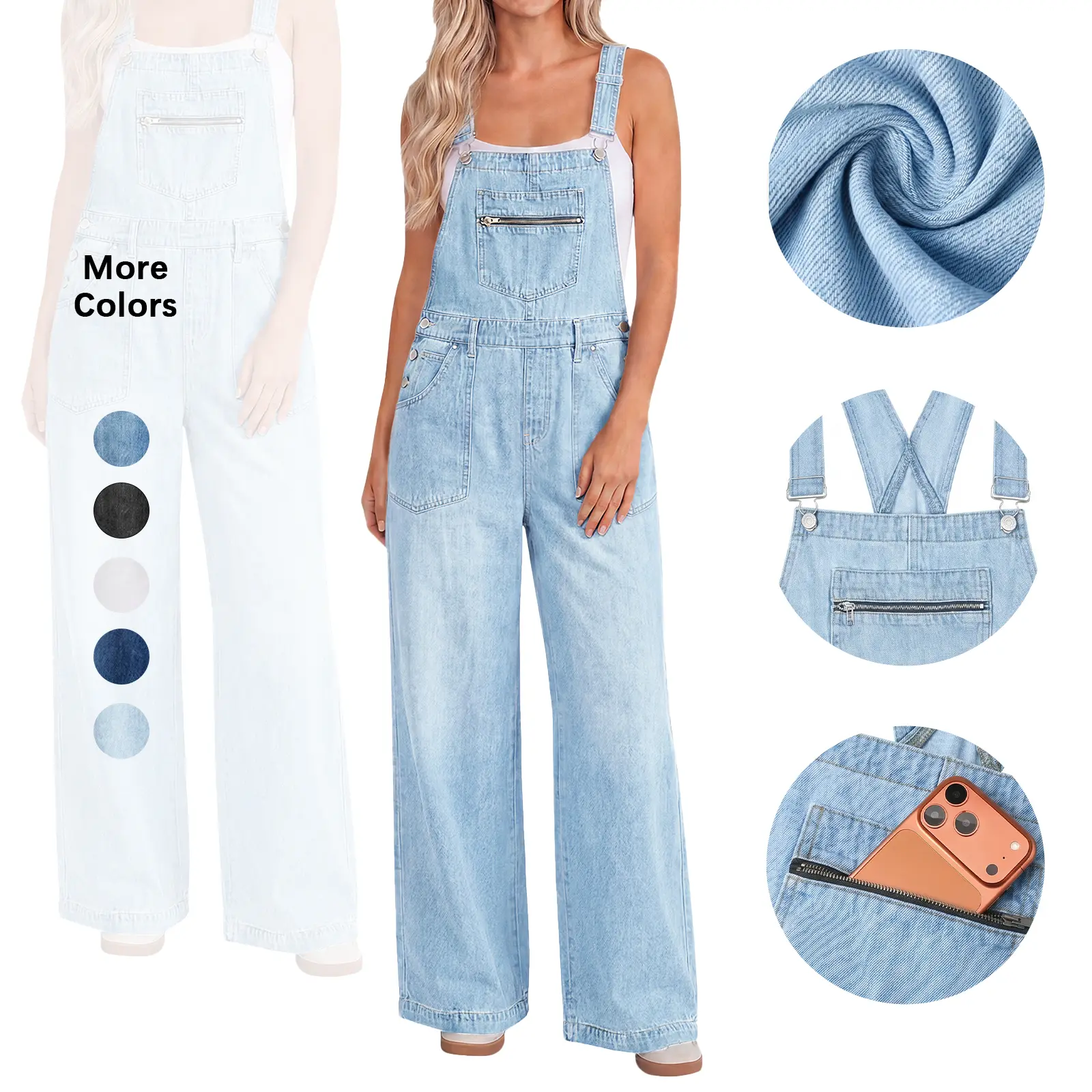 Flowyair Women's Baggy Blue Jean Overalls, Casual Cotton Wide Leg Fit with Adjustable Straps and Zipper Bib Pockets, Sleeveless, Women's Clothes, Loose Fitting, Barrel Overalls, Oversized, Strappy, Wide Pants, Denim Overall