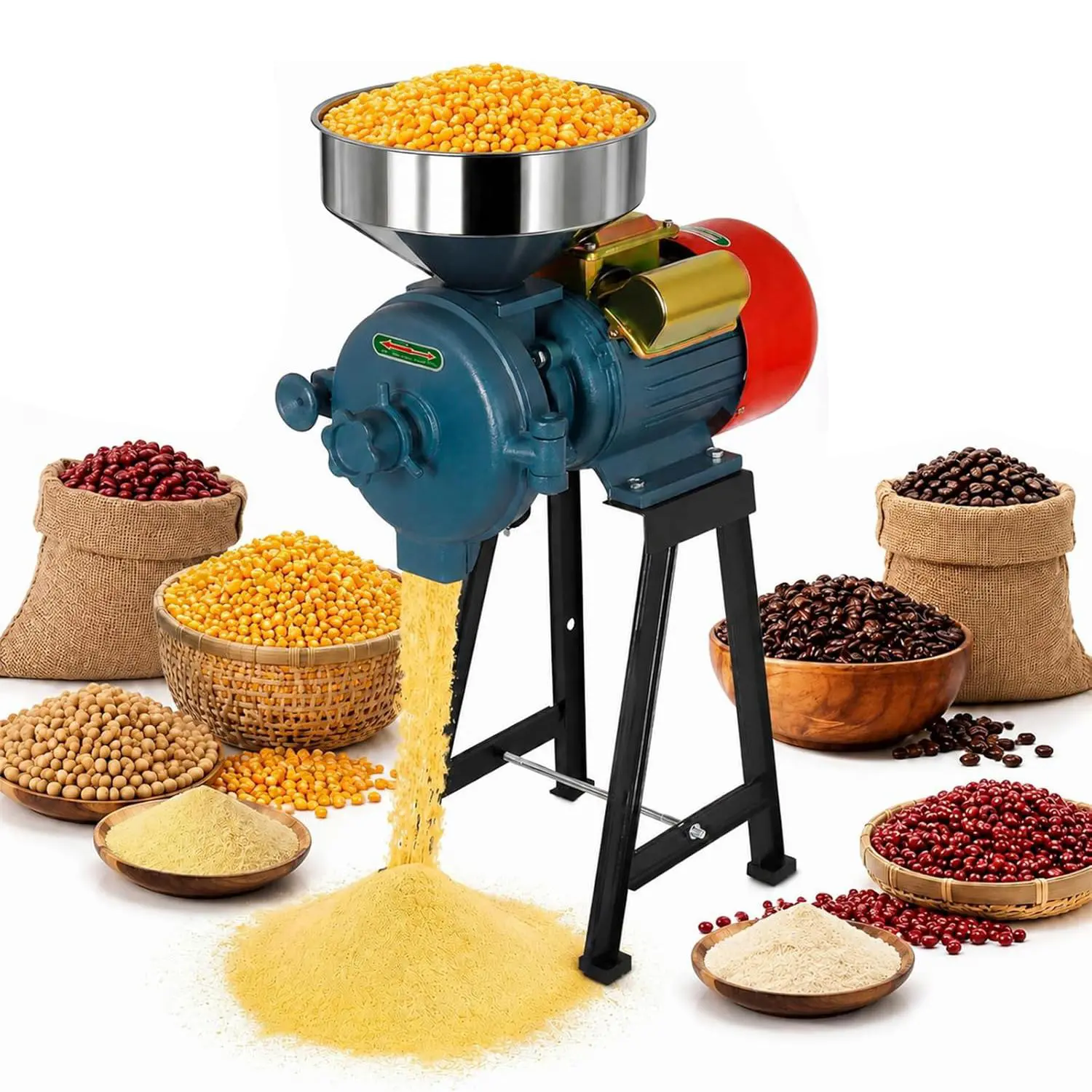 3000W Stainless Steel Electric Grain Grinder - Heavy-Duty 110V Commercial High Capacity Machine with Funnel, 1460r/min, 155 lbs/h, Adjustable Thickness Knob for Farm Feed Making, Rice, Corn, Anti-Slip Foot Pads