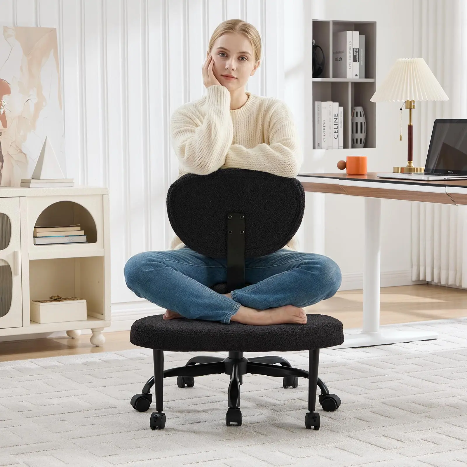 EBELLO Ergonomic Office Chair for Adults - Teddy Velvet, 360-Degree Swivel, Adjustable Height, Cross-Legged Sitting, Lumbar Support, Crescent Backrest, Durable, Easy Setup, Assembly Required, Improves Blood Circulation, Ideal for Home Office, Desk Chair,,