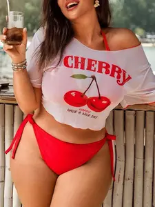 Plus Size Women Cherry Print 3-Piece Swimsuit Set Triangle Top Halter Neck Semi-Sheer Half-Sleeve Casual Swimwear For Summer Vacation