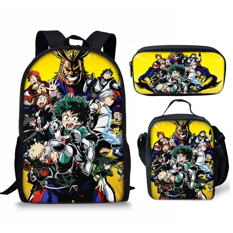 Unisex My Hero Academia 3-Piece School Set - Oxford Cloth-PVC-Polyester Backpack with Padded Straps, Lunch Bag, Pencil Case, Chic Minimalist, Lightweight, Waterproof, Adjustable Straps, Regional Printing, Sports Crossbody/Shoulder Bag, Hand Wash Only