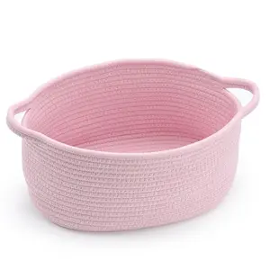 Cute Pink Woven Storage Basket with Handle for Kids Gifts, Durable Children’s Day Gift Basket with Gift Bags & Ribbons, Small Boo Basket for bonnet blue Baby Shower Birthday Halloween Easter, Decorative Organizer Bin for Toys Pets, 12" D x 8" W x 5" H