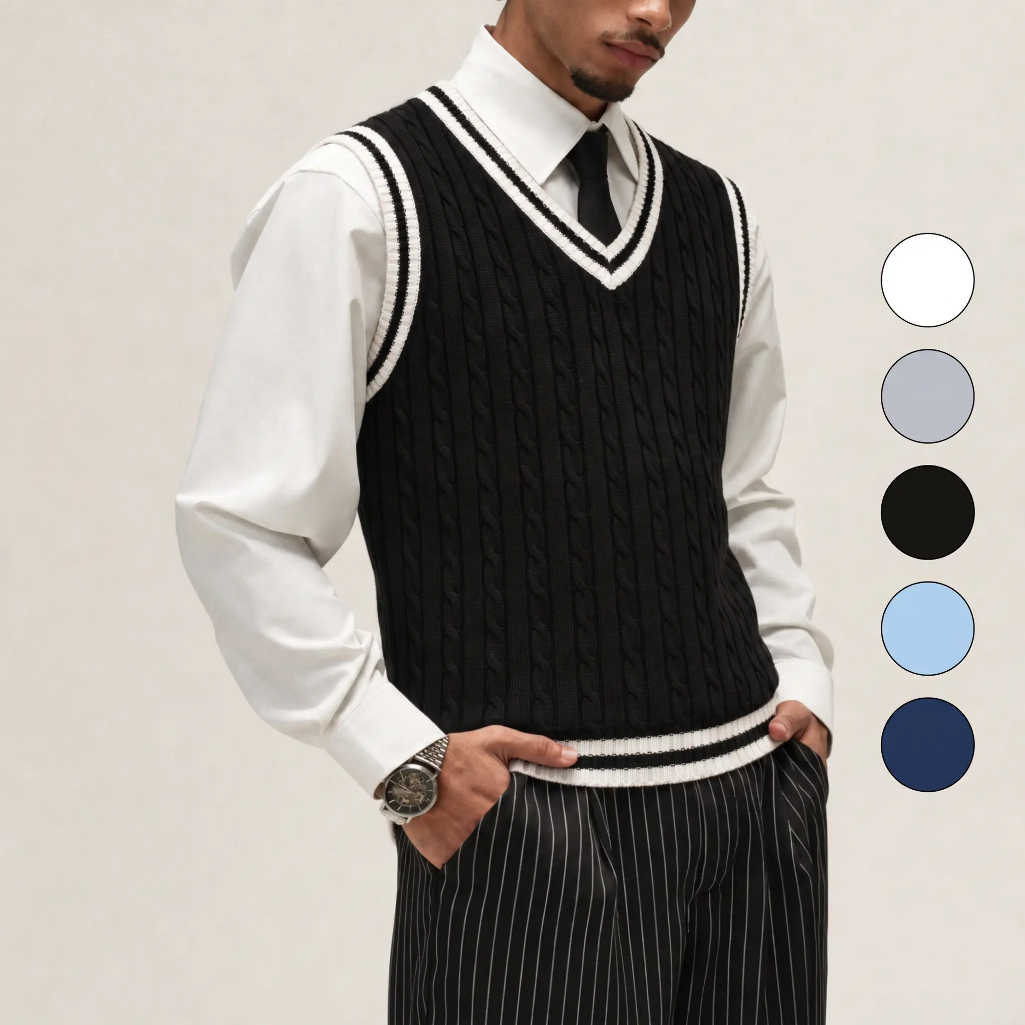 Men's Old Money Preppy V-Neck Cable Knit Sleeveless Pullover Sweater Vest with Striped Trim, Menswear Smart Casual Fall Winter Layering Essential for Office, Golf, 90s Vintage Top