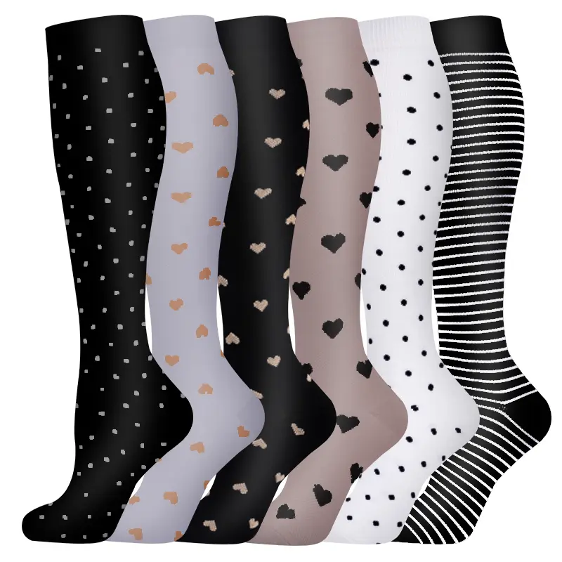 6 Pack Compression Socks for Women & Men, Patterned Athletic Running Socks with Non-Slip Cuff, 15-20mmHg for Circulation & Recovery, Sports Socks