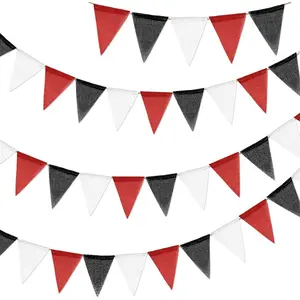 Pre-Strung Burlap Pennant Banner, 39Ft Black Red White Triangle Flag Bunting,   Pennant Banner Bunting Garland for Graduation Party,  Theme, Indoor Outdoor Decorations