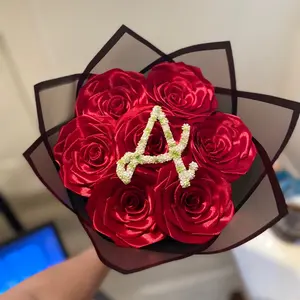 Elegant burgundy Satin Rose Bouquet with Gold Letter A Centerpiece for Special Occasions