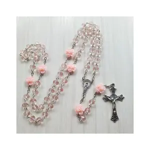 Rose Crystal Rosary Necklace Catholic Vintage for Cross Pendant Long Chain Religious Jewelry