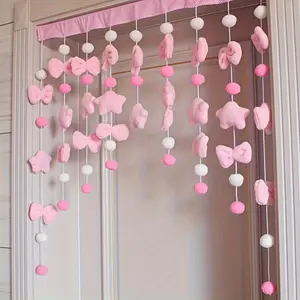 Glam Style Pink Bow & Ball Doorway Curtain Set - 9 Strands, Hand Wash Tufted Polyester Blend Hanging Half Curtains with Hooks for Various Room Types, Flower Curtain Theme for Bedroom Kitchen Decor