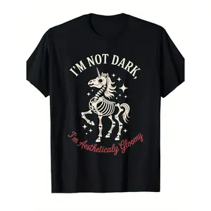 Gothic Unicorn Skeleton T-Shirt - Dark Humor Creepy Cute Unicorn & bones Graphic, Short Sleeve Crew Neck Top