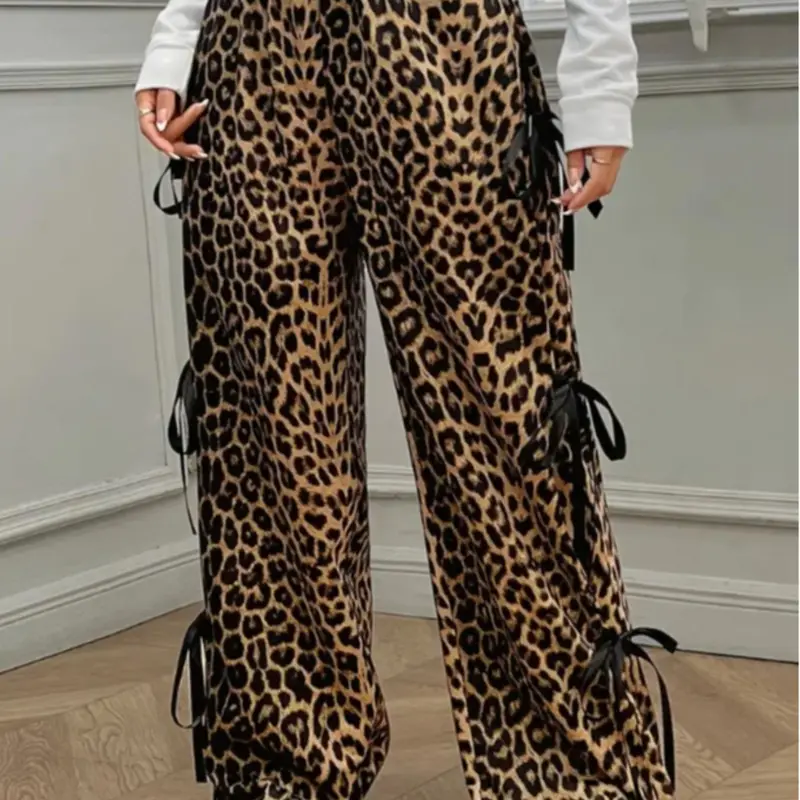 [Plus Size] Leopard Print Tie Side Pants, Casual Street Trousers, Fashion Casual Comfy Pants for Daily Wear, Women's Bottoms for All Seasons