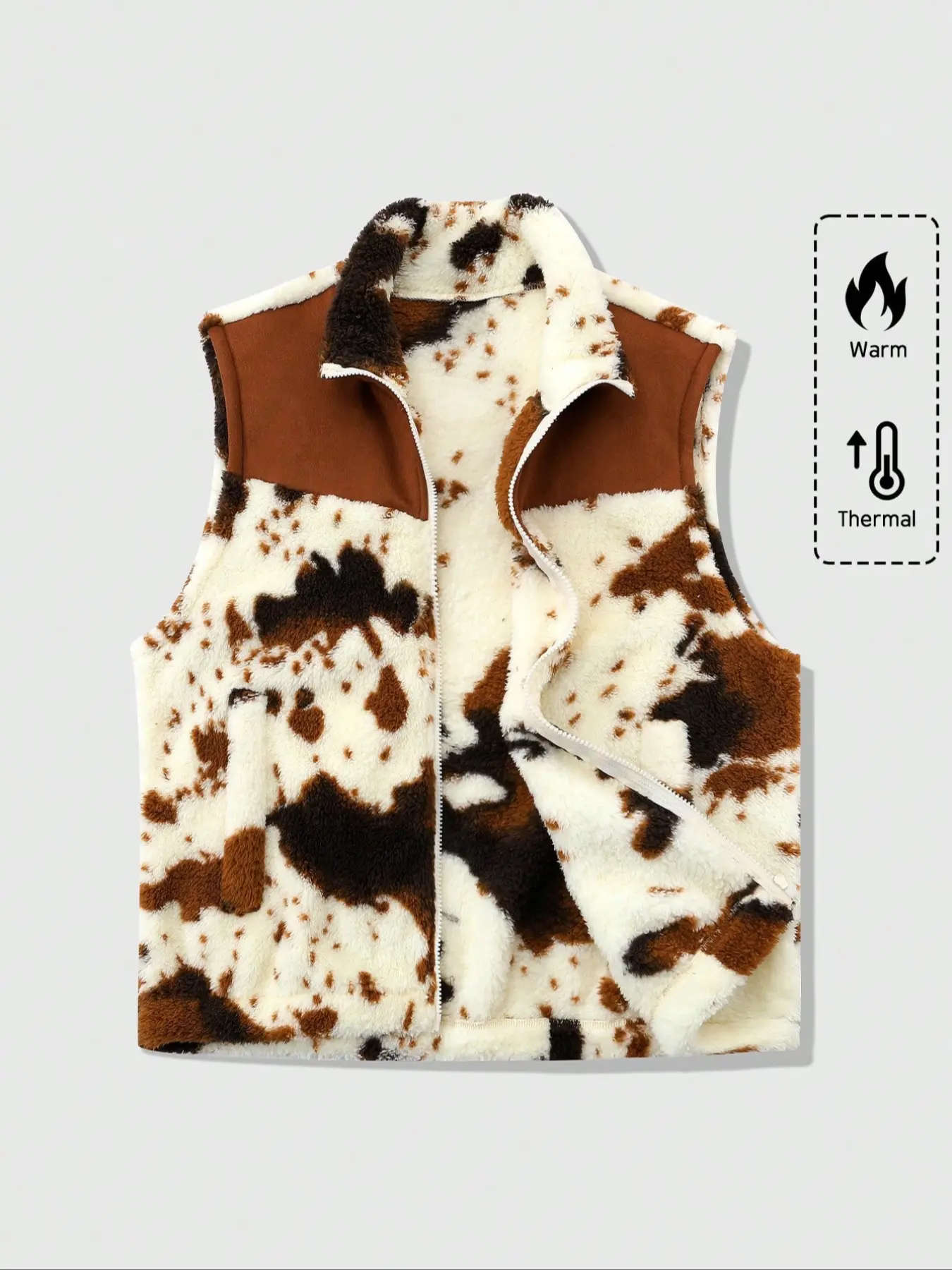 Men's Viral Cow Print Fleece Vest: Must-Have Loose Warm Thermal Sherpa Gilet with Full Zip for Western Aesthetic & Cozy Winter Layering Outfits #CowPrint #WesternFashion