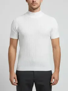 Men's Solid High Neck Knit Water Ripple Short Sleeve T-Shirt, Stylish Casual Sport Top, Outdoor Travel and Daily Essential