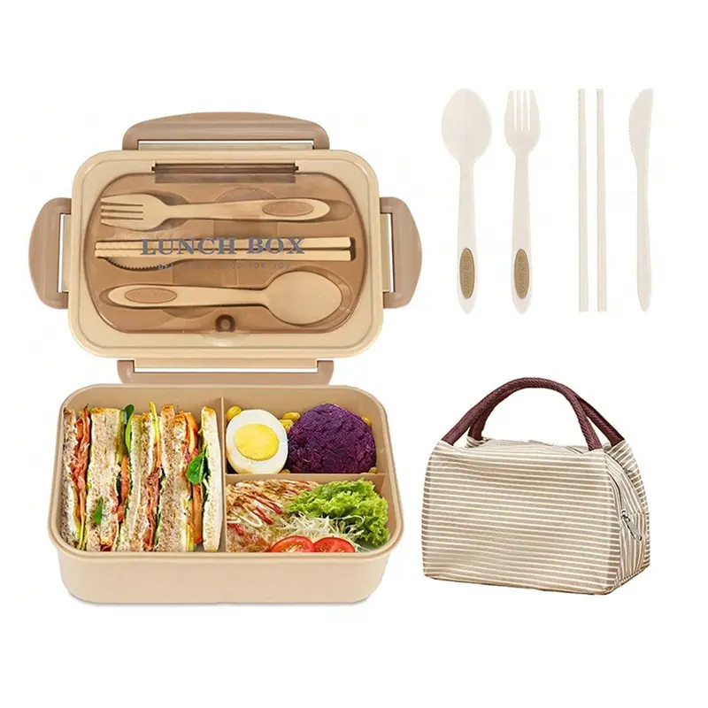 Adult Bento Lunch Box with Handle, 3-Compartment Food Container with Utensils, Condiment Pouch and Pancake Liner, Microwave- and Dishwasher-Safe Lunchbox for Camping, Picnics and Christmas Gift, Storage Lunch Boxes