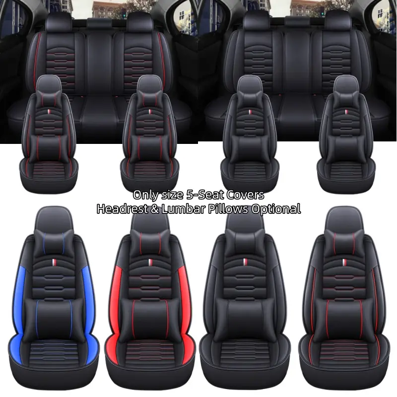 5 Sets Universal Luxury PU Leather Car Seat Covers, Full Vehicle Cushion Protectors, Optional Accessories, Anti-Slip, Water-Resistant, All Seasons