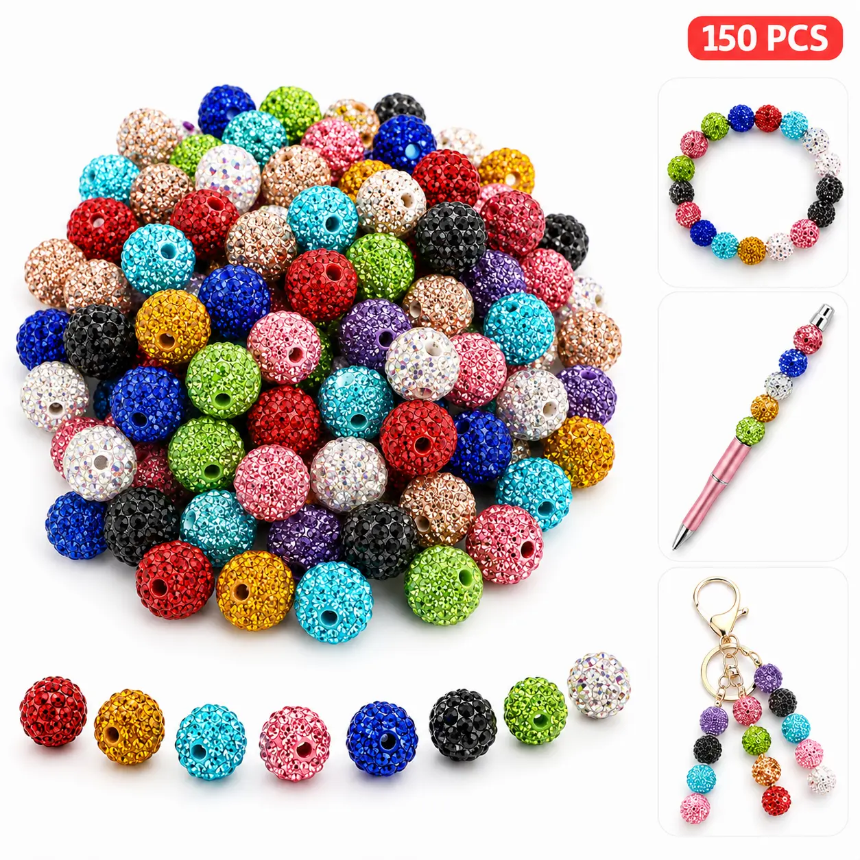 150PCS Sparkly Rhinestone Disco Ball Pavé Beads for Beadable Pens, 10mm Multicolor Clay Core Beads, Jewelry Craft Supplies for DIY Bracelets, Keychains