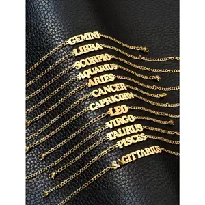 Fashionable and Simple Summer 12 Constellation English Letter Cuban Chain Stainless Steel Foot Chain Suitable for Daily Vacation, Beach, Mother's Day Accessories