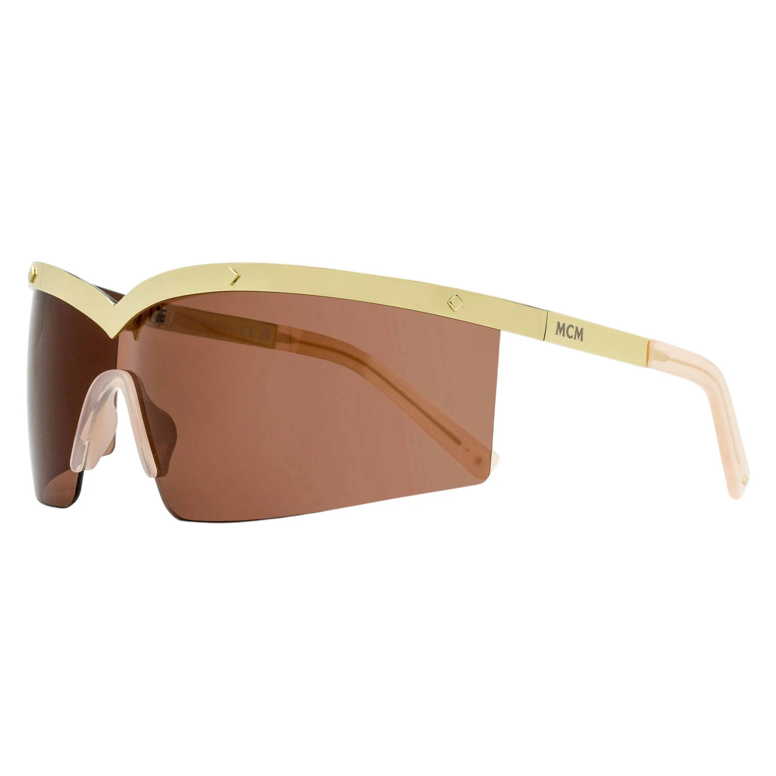 MCM MW0016 Women's Bold Futuristic Shield Sunglasses, Metallic Gold and Blush Frame, 100% UV Protection, Metallic Body Women's Sunglasses, Bold Shield Silhouette, Dramatic Arching Browline, Elegant Design