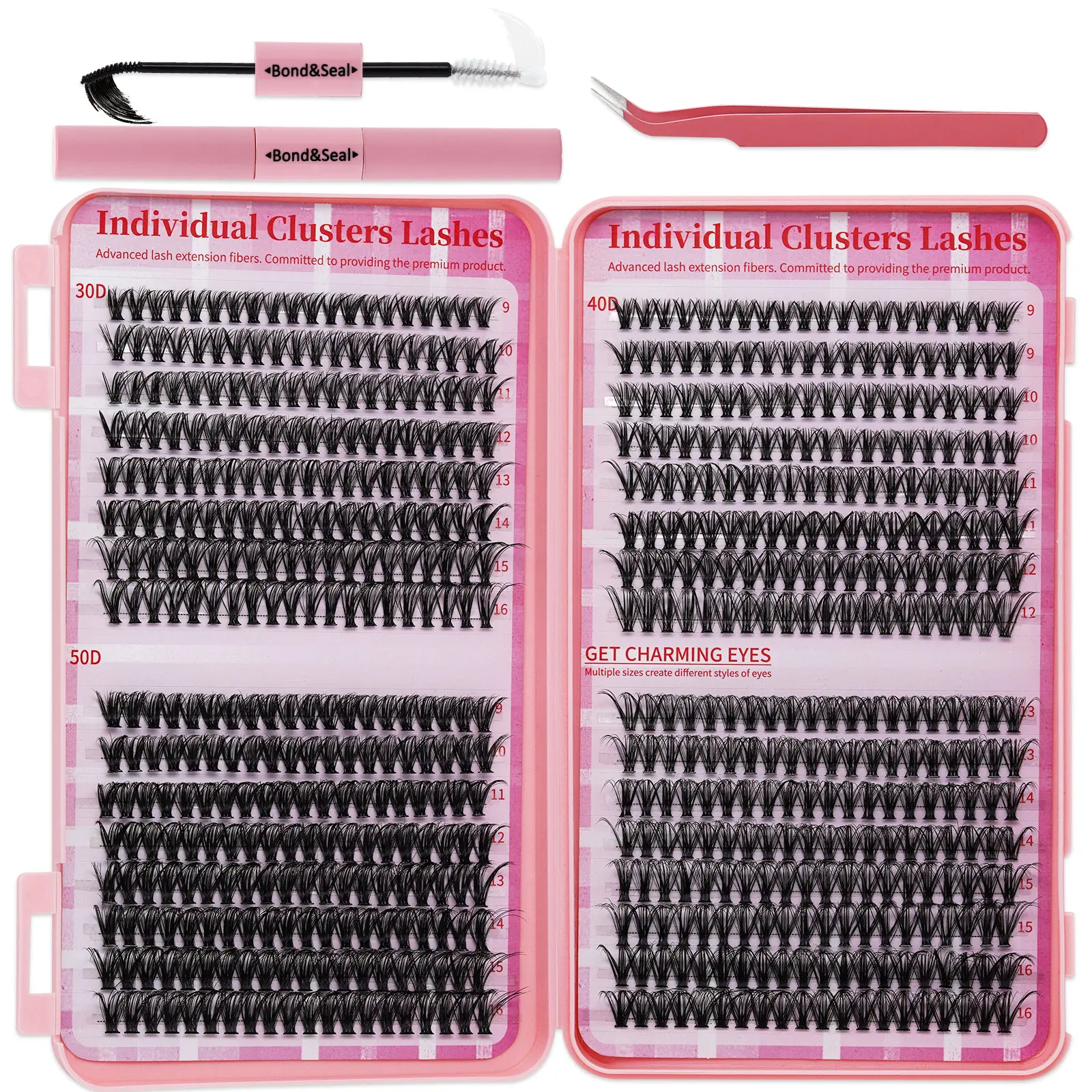 640 Pieces Individual False Cluster Set 30D+40D+50D DIY Eyelash Extensions D Curl Long with Adhesive and Sealer Lash Tweezers and Brush DIY Individual False Clusters at Home