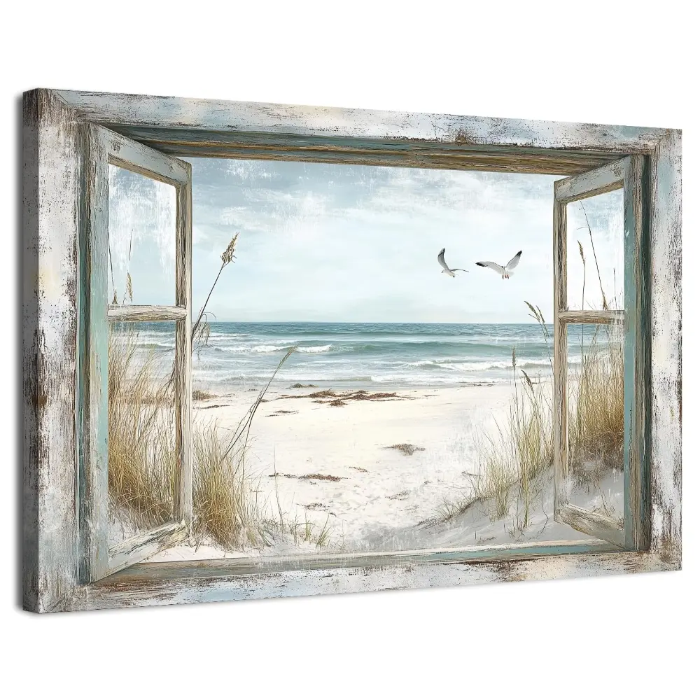Rustic Beach Wall Decor Ocean Seascape Virtual Window Coastal Art for Living Room Farmhouse Seagulls Pathway Picture Nature Beachy Scenery Painting Print Modern Artwork Bathroom Home Decoration