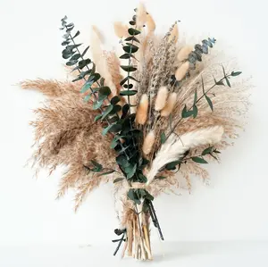 17 Inch Boho Dried Flower Bouquet, Pampas Grass with Lavender and Eucalyptus, Rustic Floral Arrangement for Home Decor, Bedroom, Kitchen, Wedding Table Centerpiece