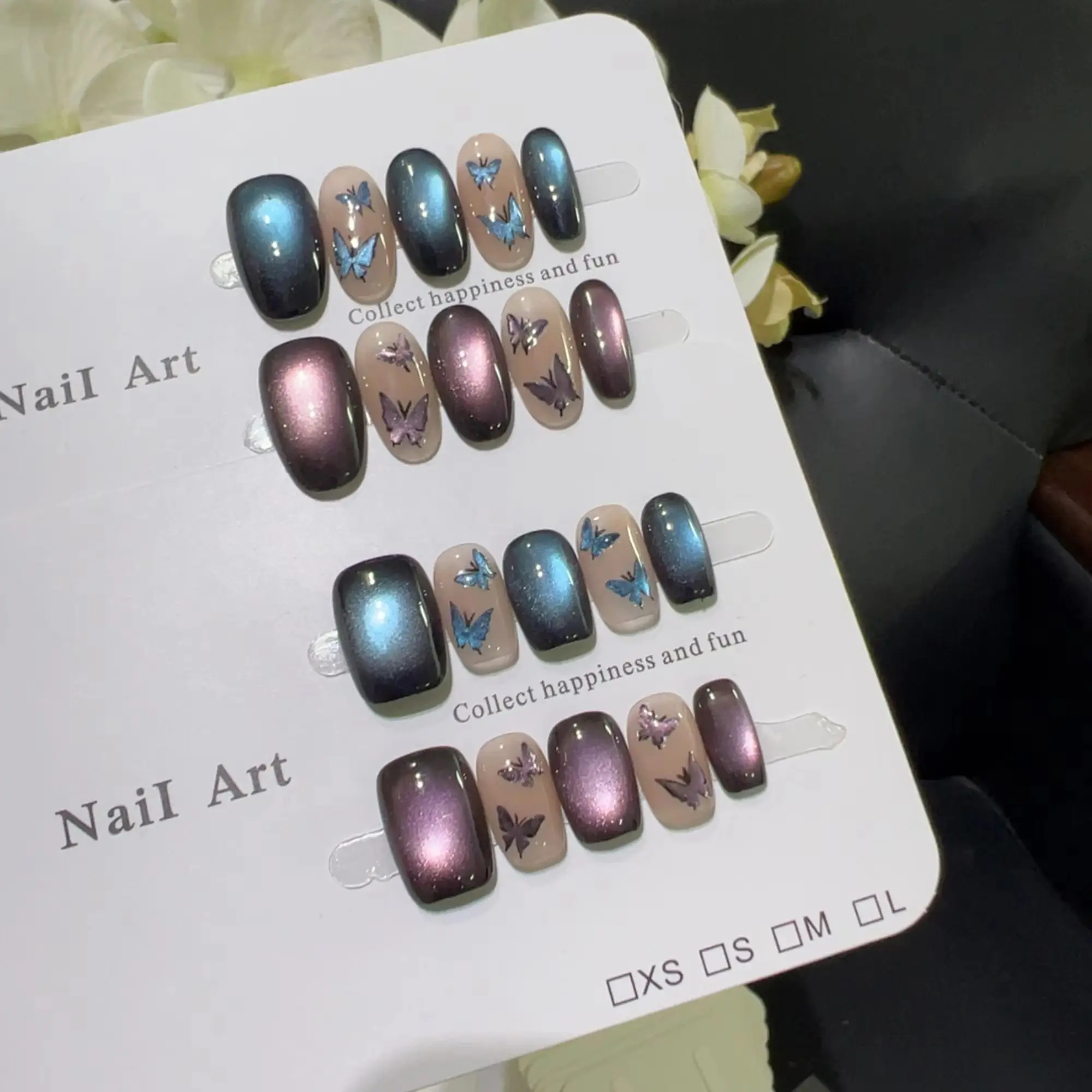 10pcs high-end Bow blue cat's eye handmade fake nails, Light luxury short and elegant nail decoration patches for women