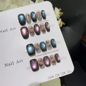 10pcs high-end Bow blue cat's eye handmade fake nails, Light luxury short and elegant nail decoration patches for women