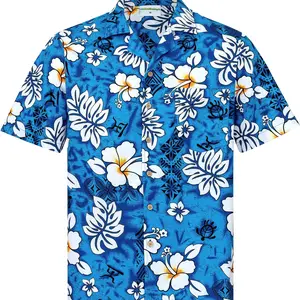 Classic Flowers Hawaiian Shirt, Blue Hibiscus Print 100% Polyester Aloha Button Up, Tropical Summer Beach Vacation Shirt for Men, Island Gift