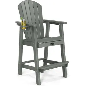 VINGLI Tall Adirondack Chair HDPE Adirondack Bar Stools with Cup Holder 1 PC, Poly Deck Chairs Outdoor Bar Stools, 350LBS (Gray, 1 PCS)