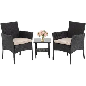 3-piece outdoor wicker patio furniture conversation set: patio set, bistro table set for backyard porch, poolside, garden, balcony, lawn; glass coffee table and rattan chairs set; black modern home.