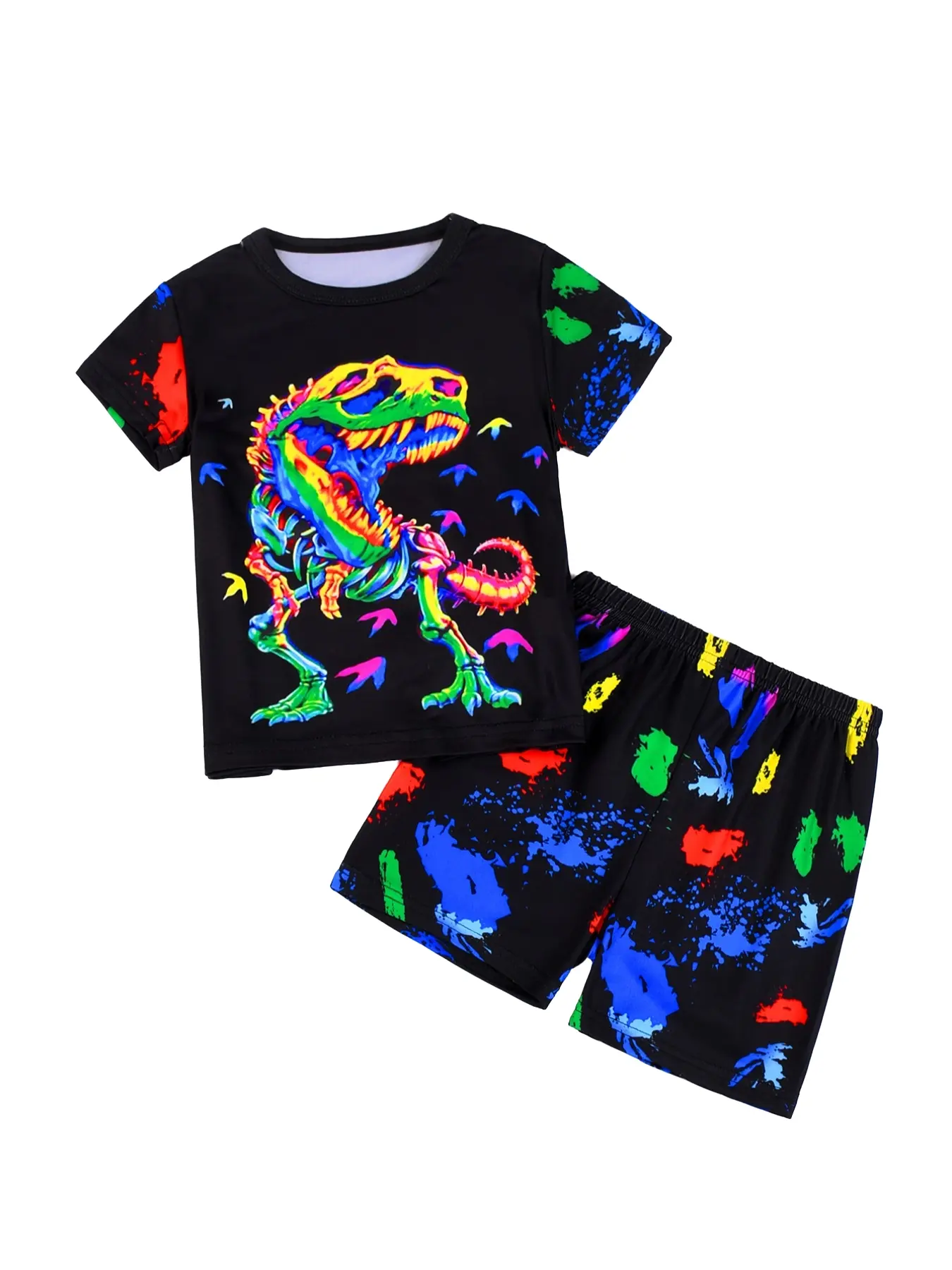 Toddler Boys' Dinosaur & All-Over Print Short Sleeve T-Shirt & Elastic Waist Shorts Loungewear Set, Graphic Tee & Shorts PJ Set, Kids Pajama Lounge Sets for All Seasons, Cartoon Print Pajama, Cartoon Pattern Pajamas