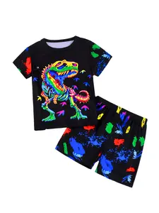 Toddler Boy's Dinosaur & All Over Print Short Sleeve T-shirt Tee & Elastic Waist Shorts Loungewear Set, Casual Comfortable Graphic T-shirt Top & Shorts Pj Set, Kids Sleepwear for All Seasons, Pajama Lounge Sets, Pajamas