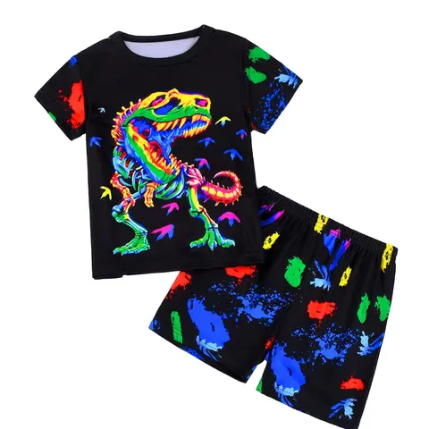 Toddler Boys' Dinosaur & All-Over Print Short Sleeve T-Shirt & Elastic Waist Shorts Loungewear Set, Graphic Tee & Shorts PJ Set, Kids Pajama Lounge Sets for All Seasons, Cartoon Print Pajama, Cartoon Pattern Pajamas